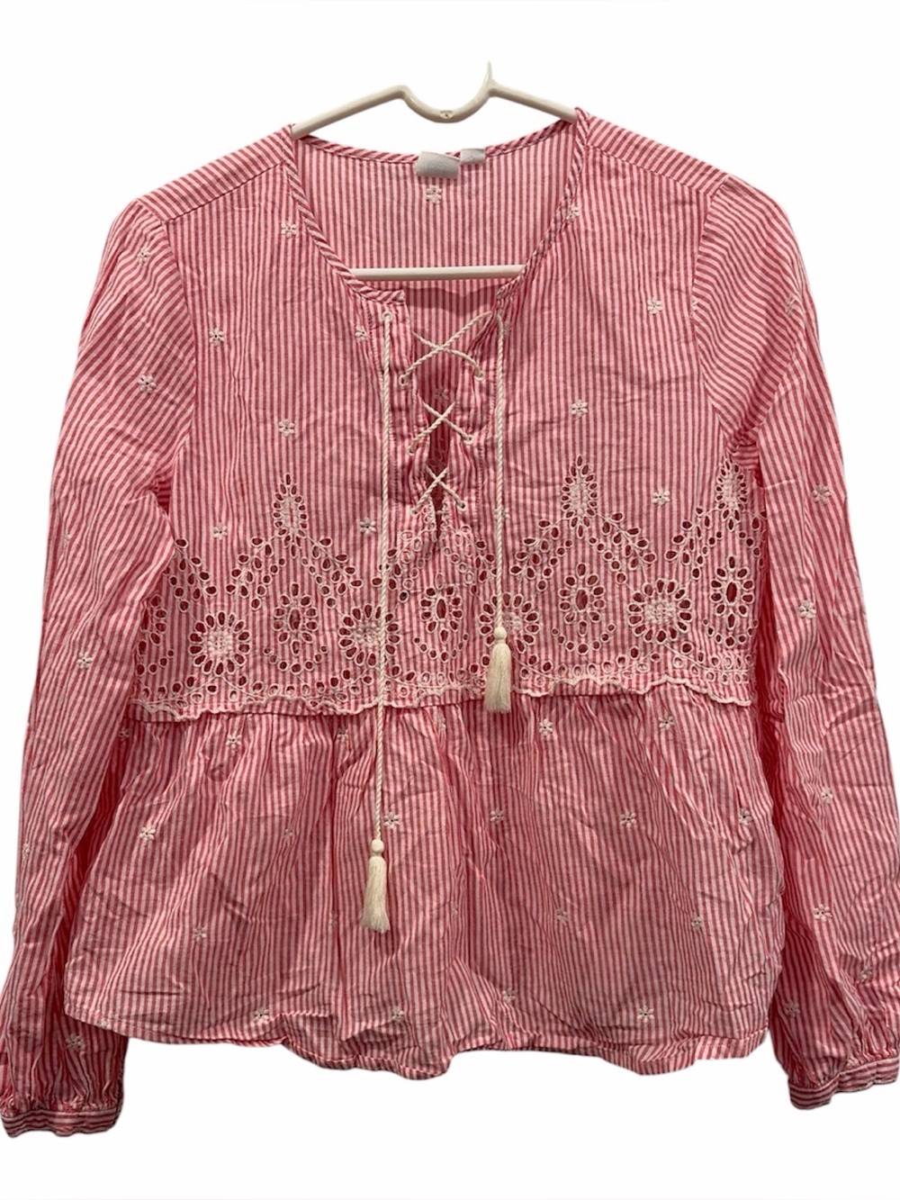 GAP Pink Striped Lace-Up Embroidered Peasant Top